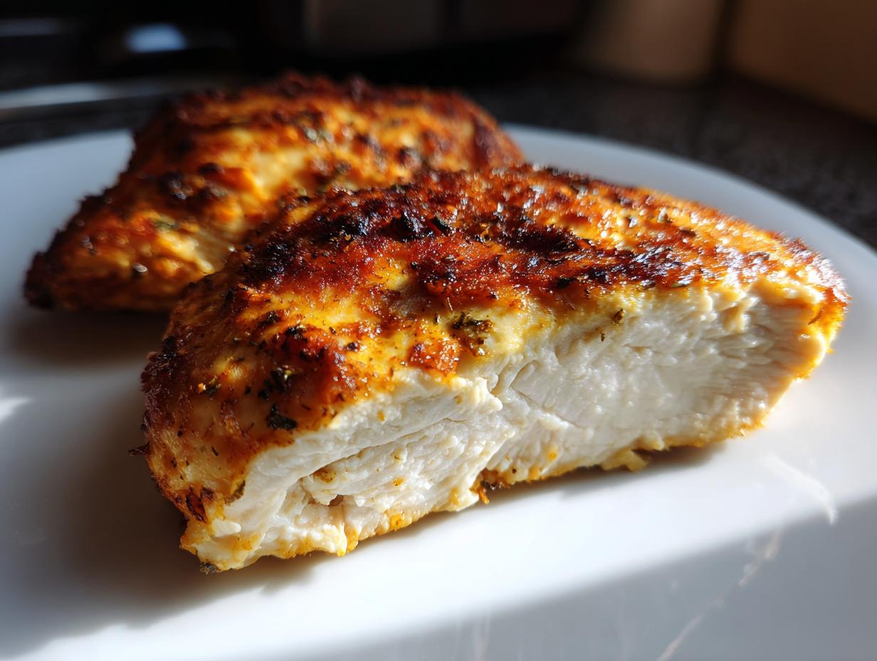 Close-up of a perfectly cooked pan seared chicken breast, showing a juicy white interior and golden-brown crust.