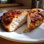 A perfectly cooked pan seared chicken breast, cut in half to show the juicy white interior and crispy, golden-brown crust.