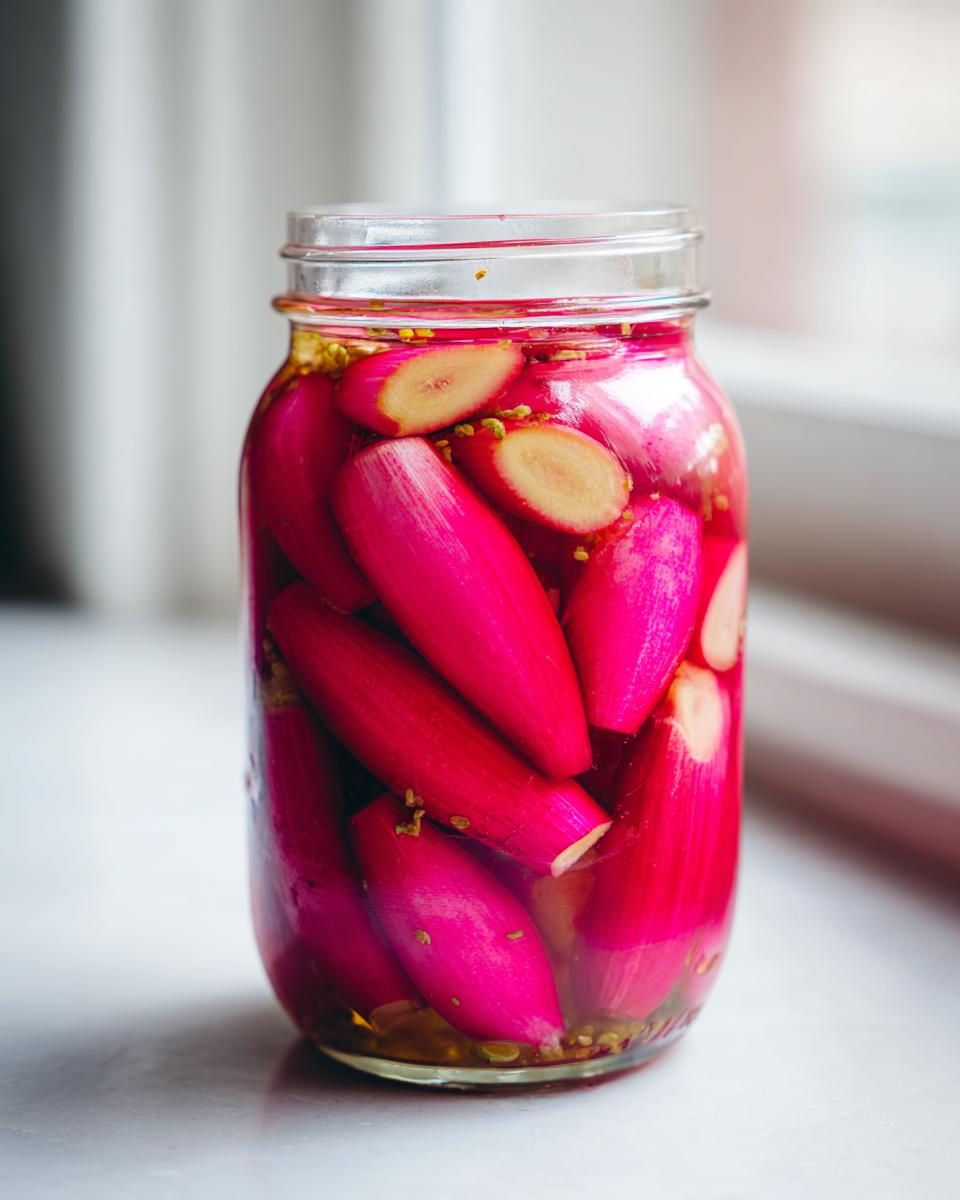 A glass jar filled with bright pink, whole stalks of Lacto-Fermented Rhubarb Pickles with Ginger.