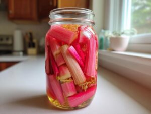 Close-up of bright pink rhubarb stalks being lacto-fermented in a glass jar with liquid and ginger pieces.