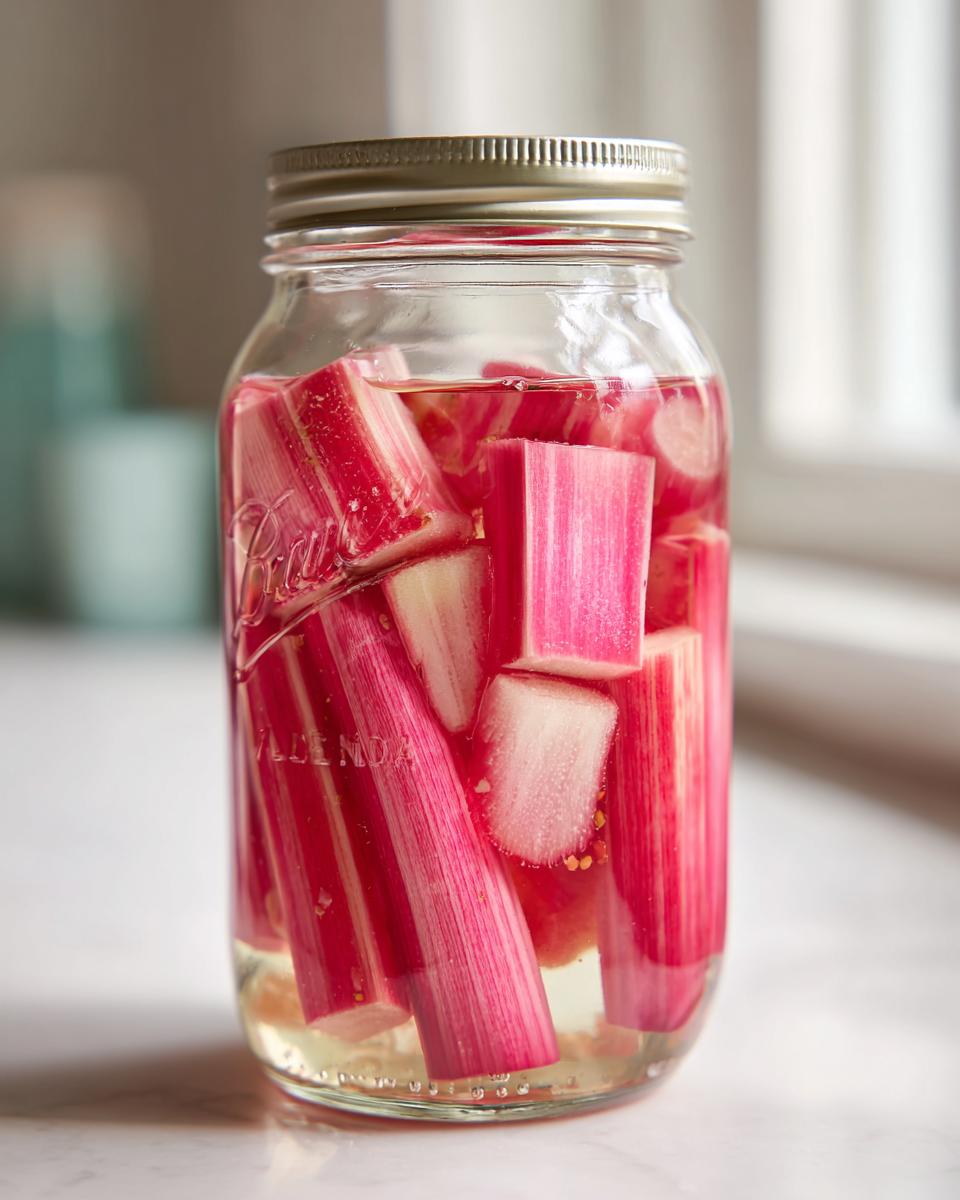 Close-up of bright pink rhubarb spears being preserved in a glass jar for Lacto-Fermented Rhubarb Pickles with Ginger.