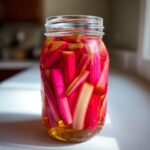 Close-up of bright pink rhubarb stalks submerged in liquid inside a mason jar for Lacto-Fermented Rhubarb Pickles with Ginger.