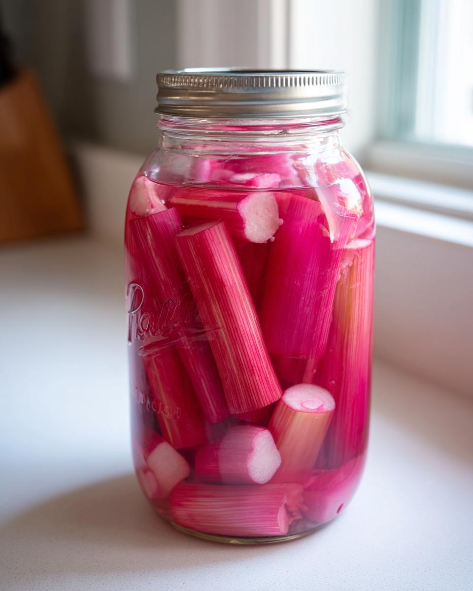 Close-up of bright pink rhubarb stalks submerged in liquid inside a Ball mason jar for Lacto-Fermented Rhubarb Pickles.