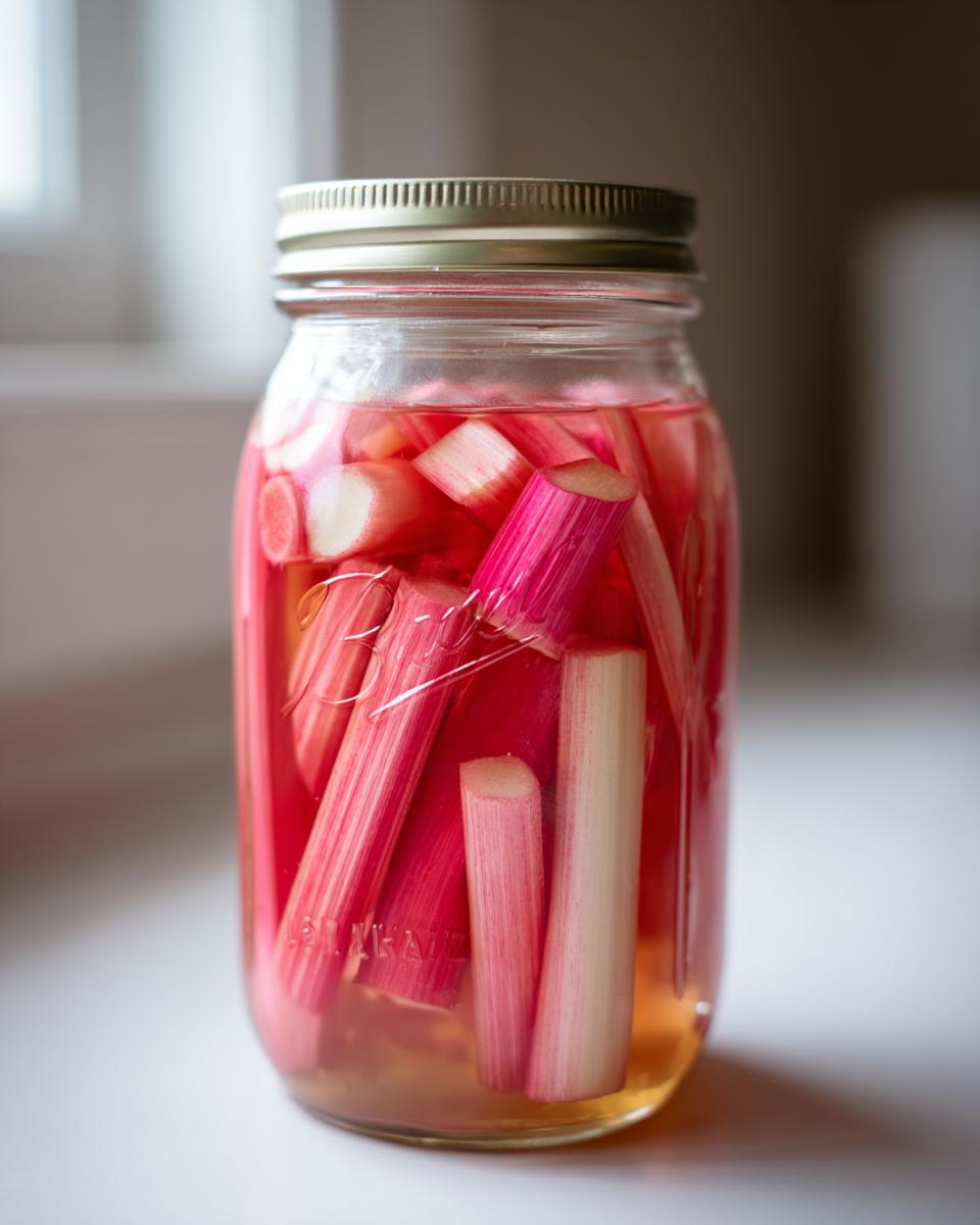 Close-up of bright pink and white rhubarb stalks submerged in brine in a glass jar for Lacto-Fermented Rhubarb Pickles.