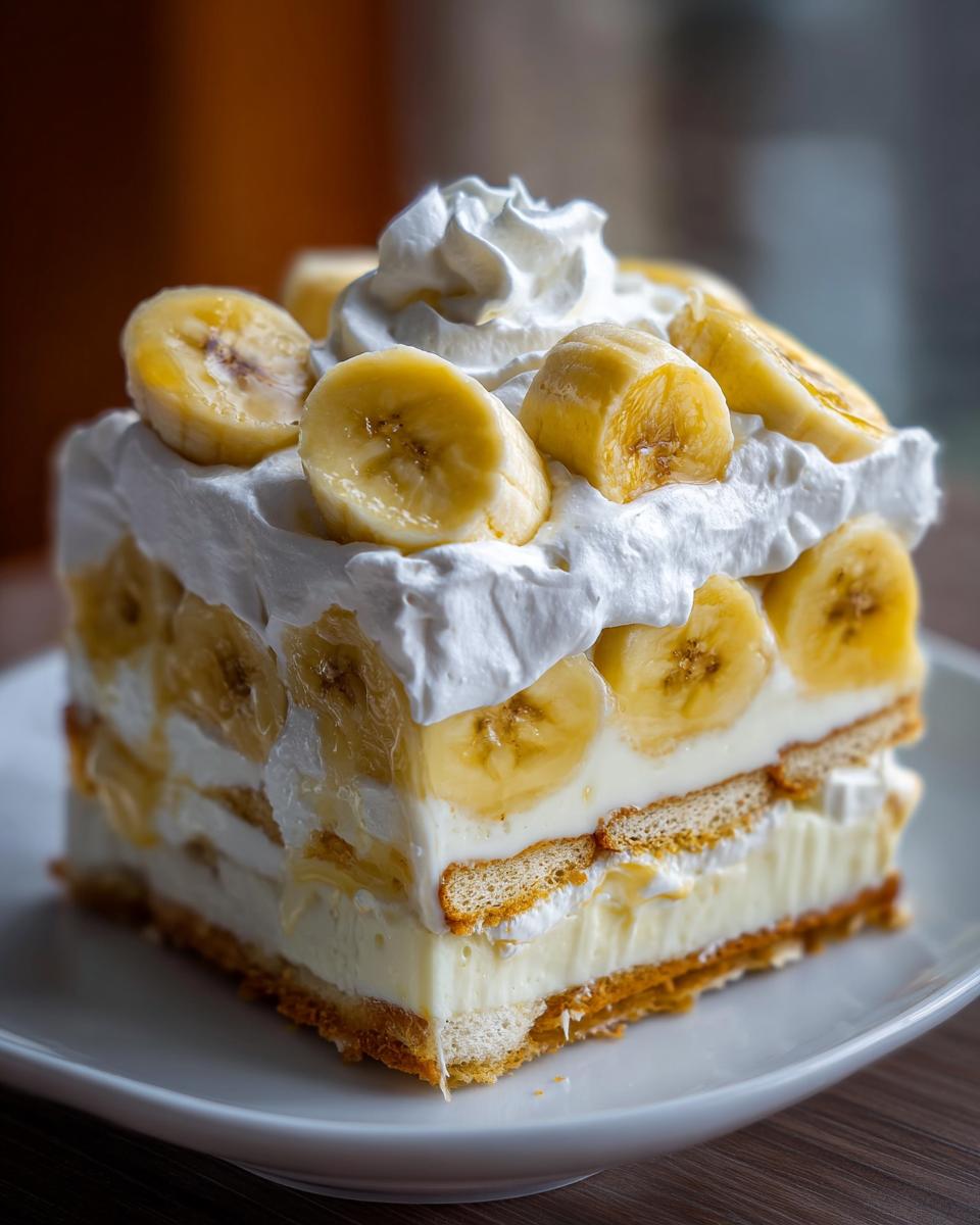 A decadent, layered slice of banana pudding topped with whipped cream and fresh banana slices.