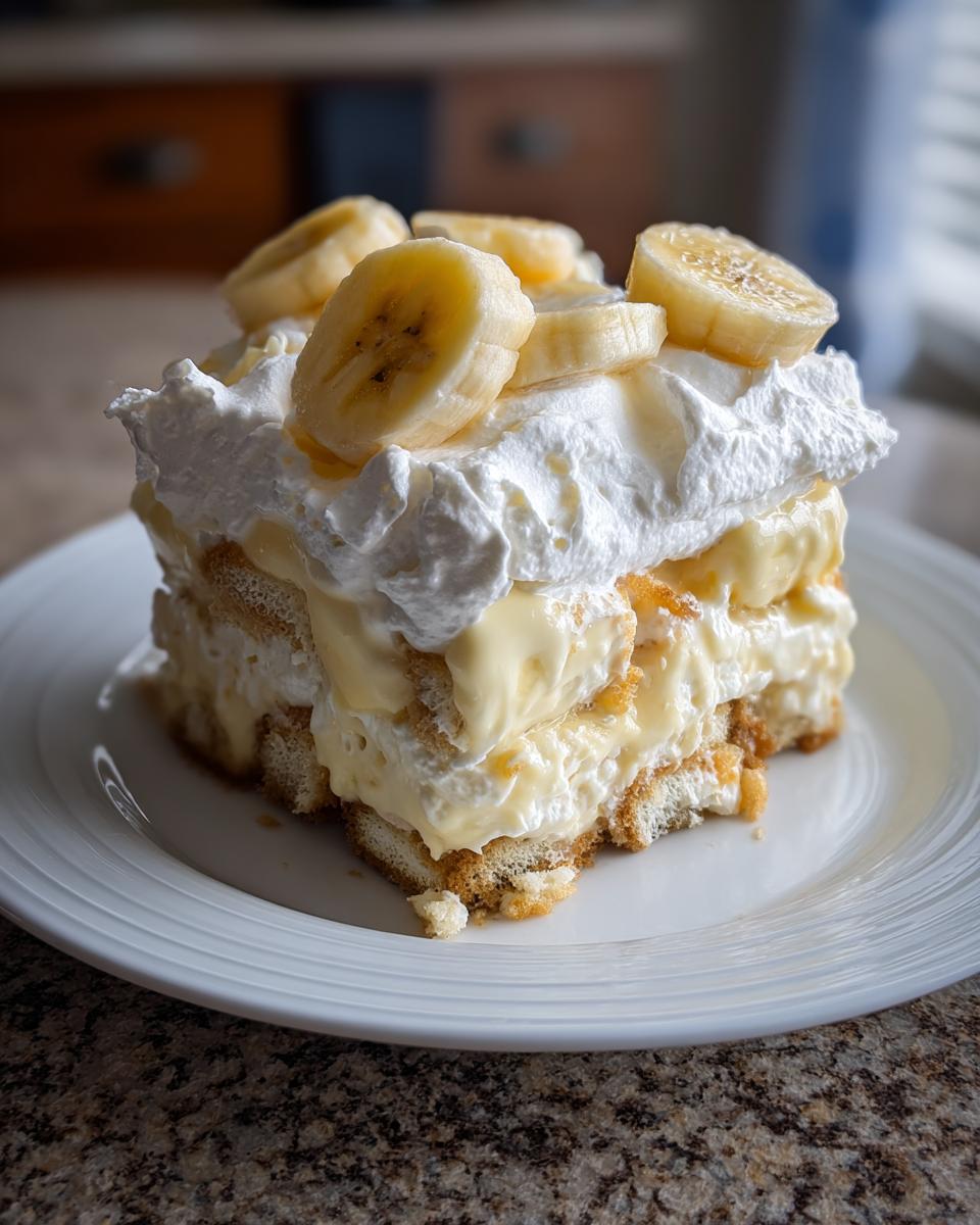 A tall, layered slice of homemade banana pudding topped with whipped cream and fresh banana slices.