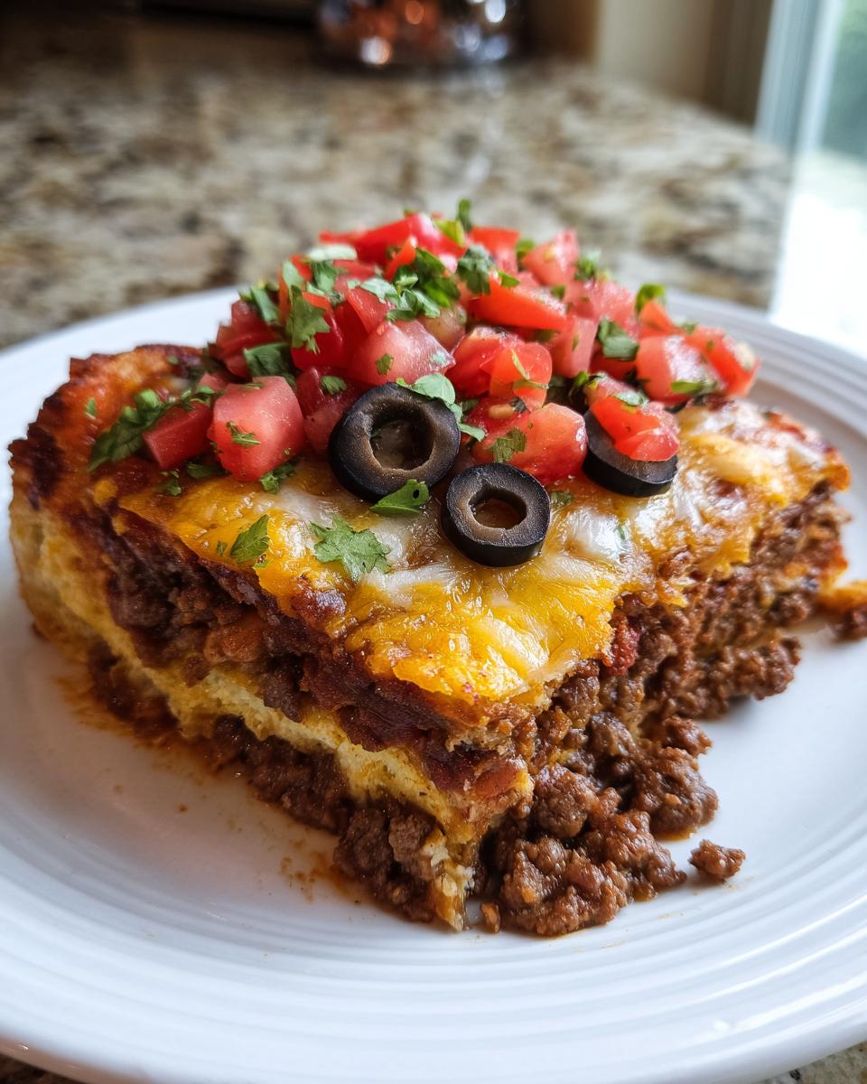 A thick slice of layered mexican pizza topped with melted cheese, diced tomatoes, cilantro, and black olives.