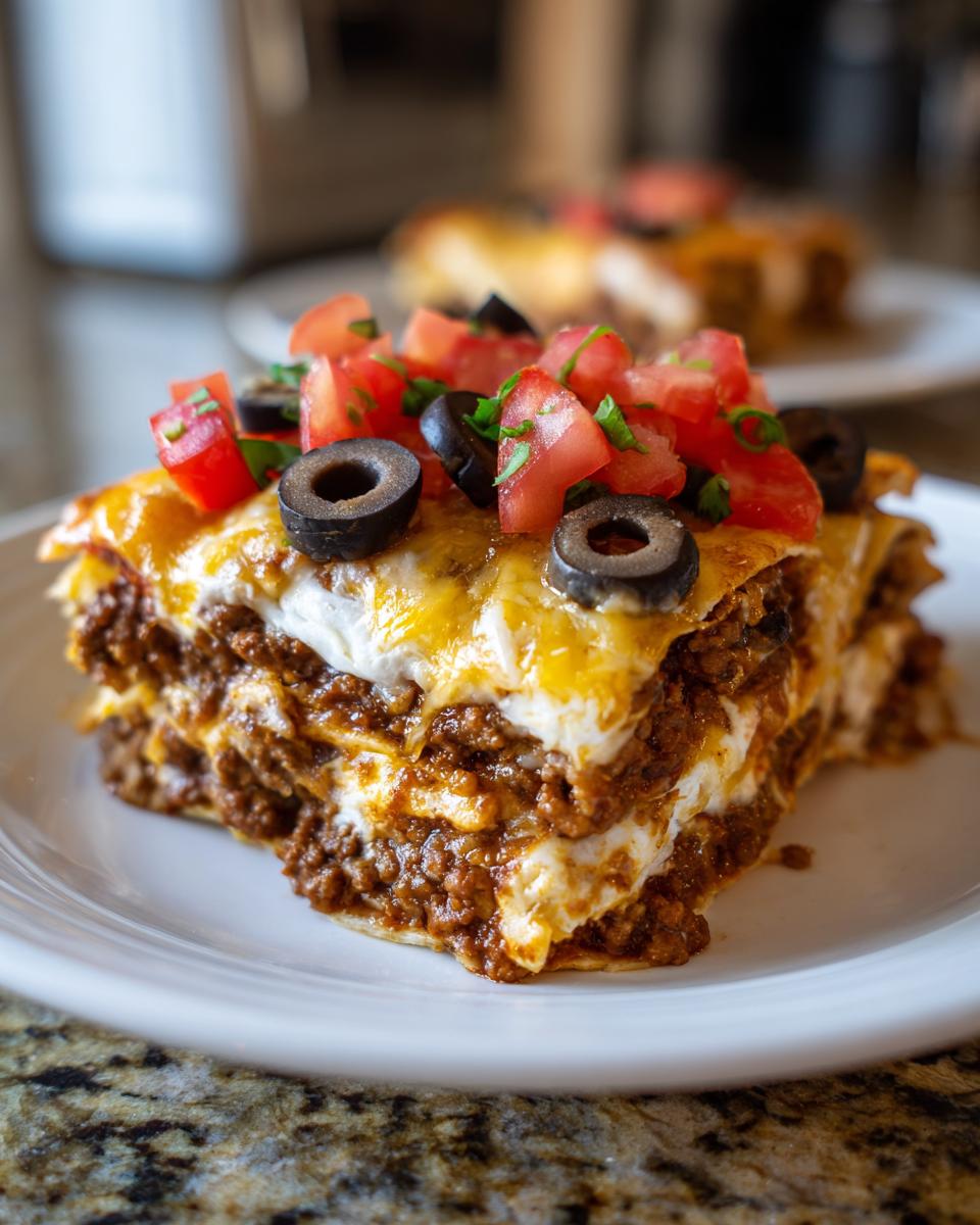 A close-up of a hearty slice of mexican pizza layered with seasoned beef, cheese, and topped with diced tomatoes and black olives.
