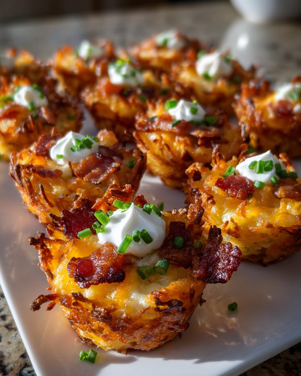 Close-up of freshly baked loaded hashbrown bites topped with bacon, sour cream, and chives.