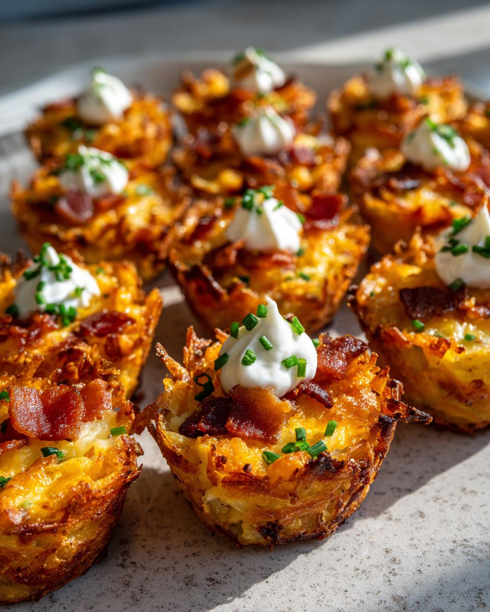 Close-up of crispy, golden loaded hashbrown bites topped with bacon, sour cream, and chives.