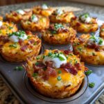 Close-up of freshly baked loaded hashbrown bites topped with cheese, bacon, sour cream, and chives in a muffin tin.