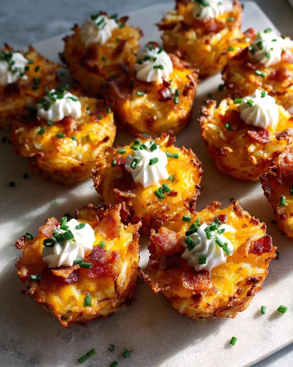 Close-up of crispy, golden loaded hashbrown bites topped with cheese, bacon, sour cream, and chives.