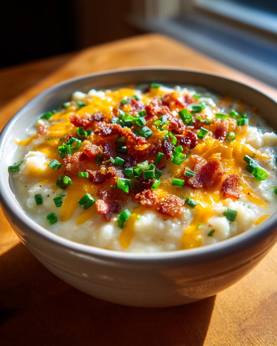 Close-up of a bowl of creamy potato soup recipe topped with melted cheddar cheese, bacon bits, and fresh chives.