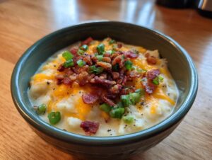 A close-up of a thick, creamy potato soup recipe topped generously with melted cheddar cheese, crispy bacon bits, and fresh green onions.