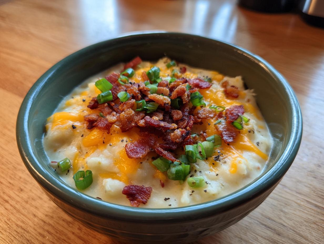 A close-up of a thick, creamy potato soup recipe topped generously with melted cheddar cheese, crispy bacon bits, and fresh green onions.