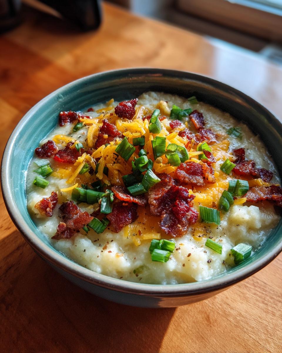 A close-up of a bowl of creamy potato soup recipe topped with bacon, shredded cheddar cheese, and green onions.