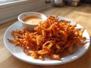 A pile of crispy, seasoned louisiana voodoo fries served on a white plate next to a small ramekin of orange dipping sauce.