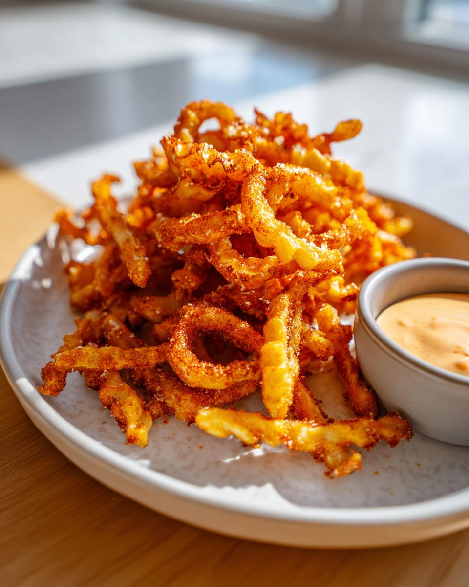 A mound of crispy, seasoned louisiana voodoo fries served on a light plate next to a small bowl of creamy dipping sauce.