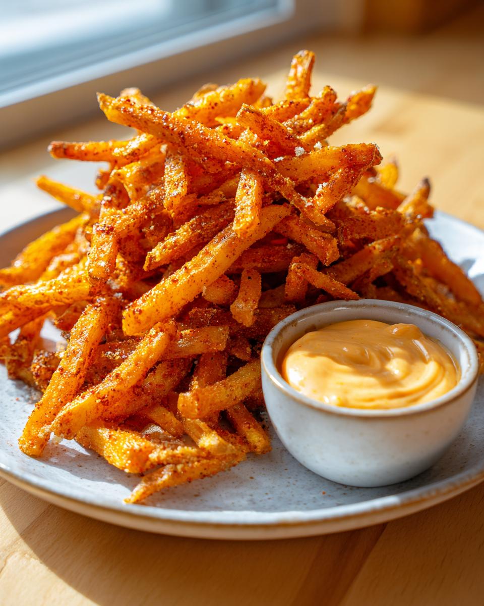 A tall pile of seasoned louisiana voodoo fries served on a plate next to a small bowl of creamy orange dipping sauce.