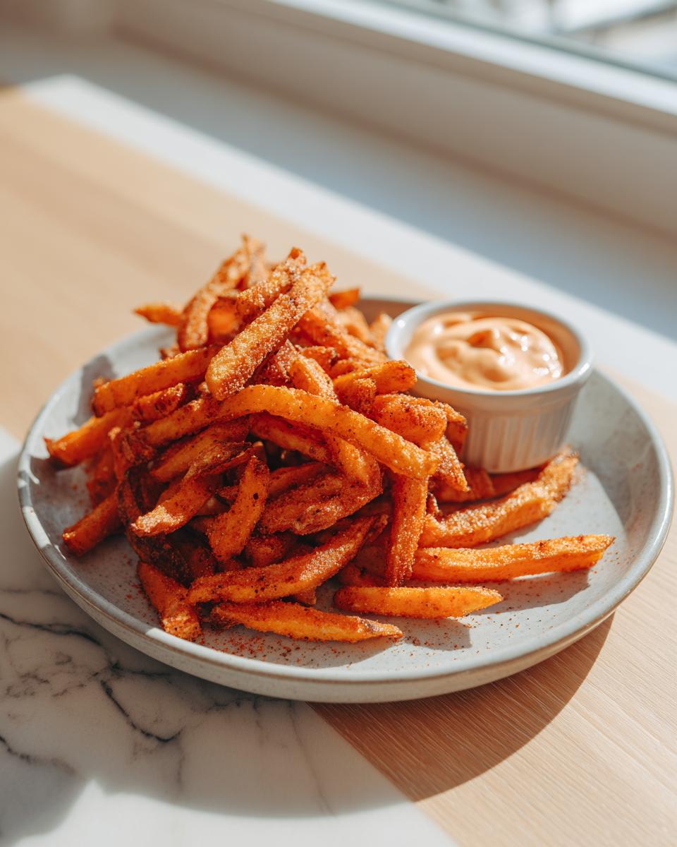 A plate piled high with seasoned louisiana voodoo fries next to a small ramekin of creamy dipping sauce.