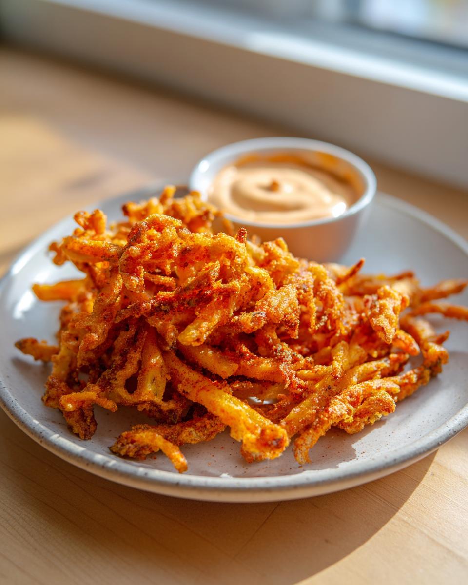 A plate piled high with crispy, seasoned louisiana voodoo fries next to a small bowl of creamy dipping sauce.