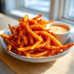A close-up of a generous serving of bright red, heavily seasoned louisiana voodoo fries in a bowl with a side of creamy dipping sauce.
