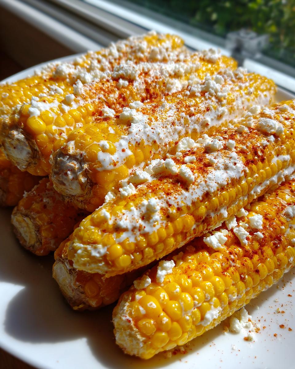 Close-up of grilled corn on the cob topped with white sauce, crumbled cheese, and chili powder, resembling a corn salad preparation.