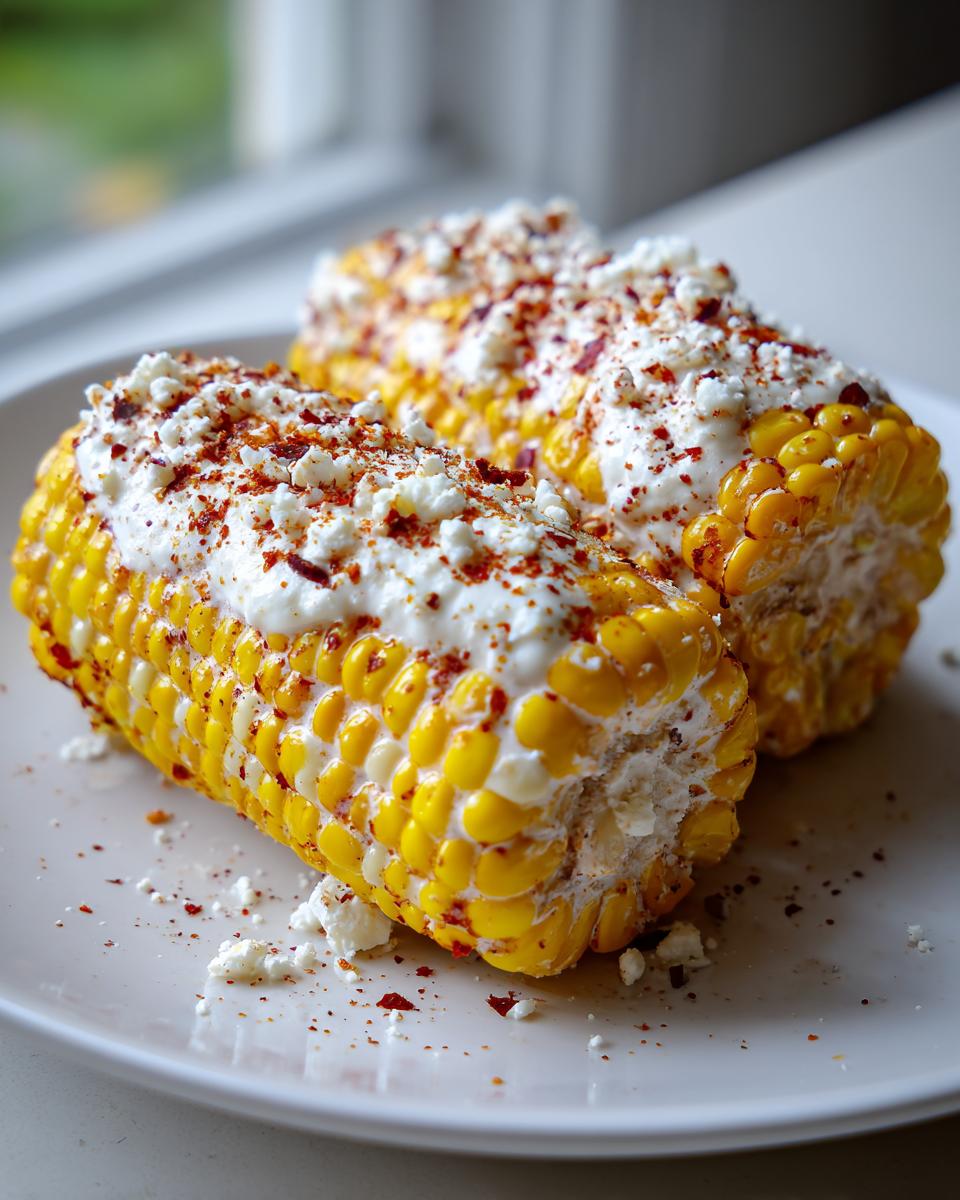 Two cobs of grilled corn covered in white cream, crumbled cheese, and chili powder, inspired by corn salad toppings.
