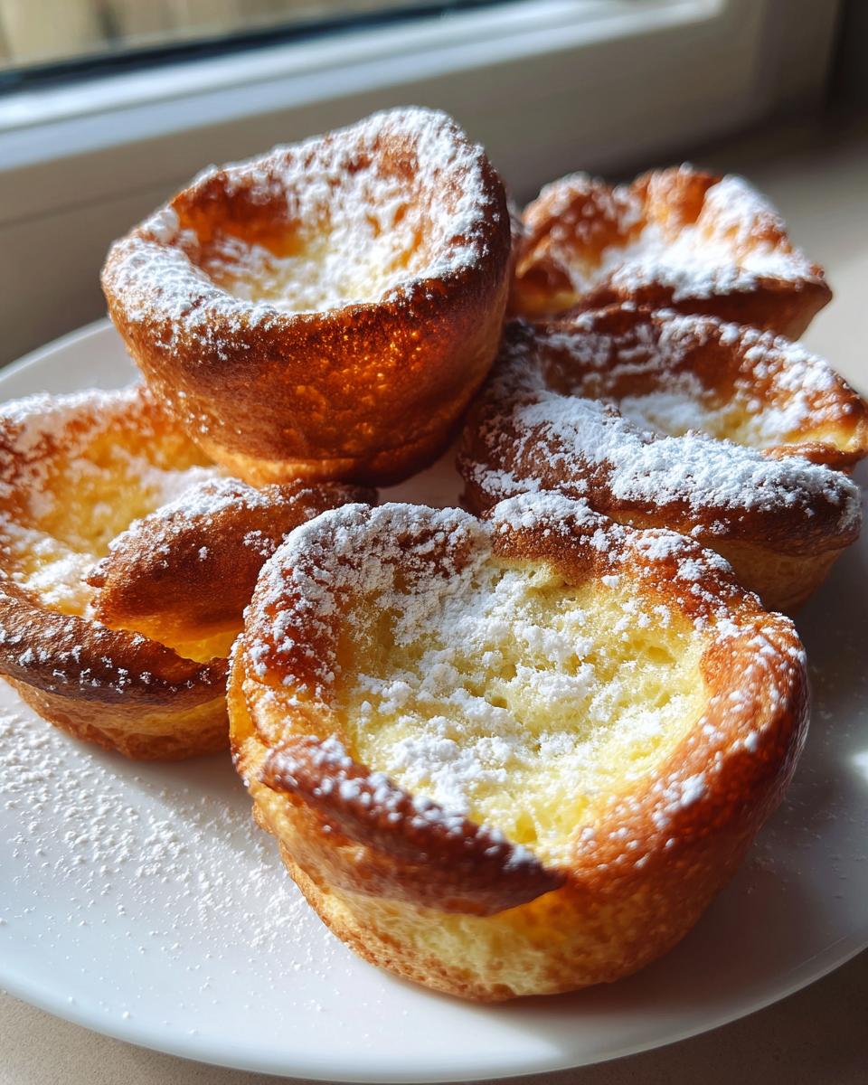 Close-up of several golden brown mini german pancakes puffed high and dusted generously with powdered sugar.
