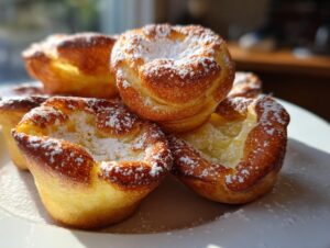 Close-up of several golden brown mini german pancakes piled on a white plate, heavily dusted with powdered sugar.