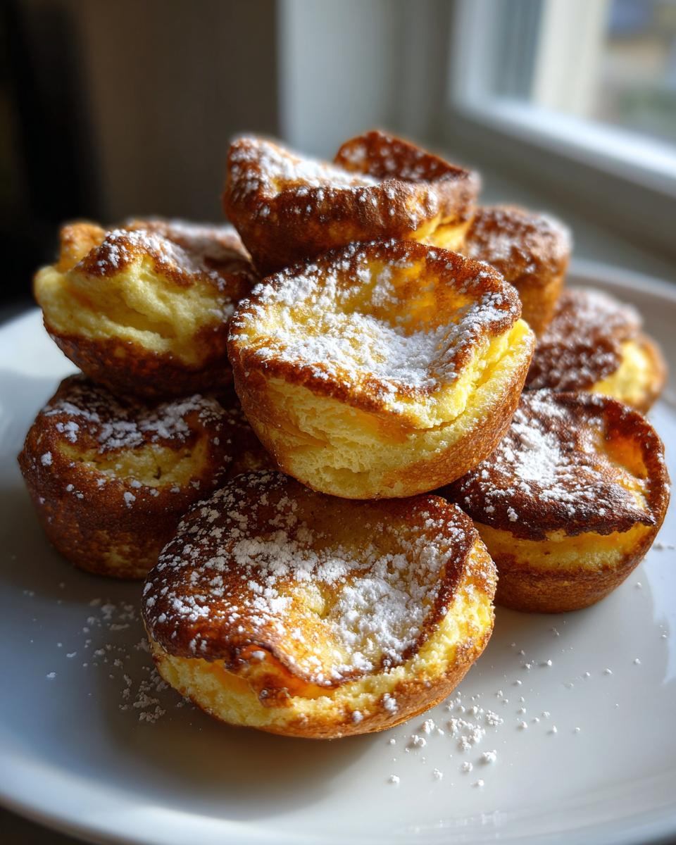 A stack of golden brown, puffy mini german pancakes dusted generously with powdered sugar on a white plate.