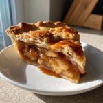 A close-up of a thick slice of miso caramel apple pie showing flaky crust layers and gooey apple filling.