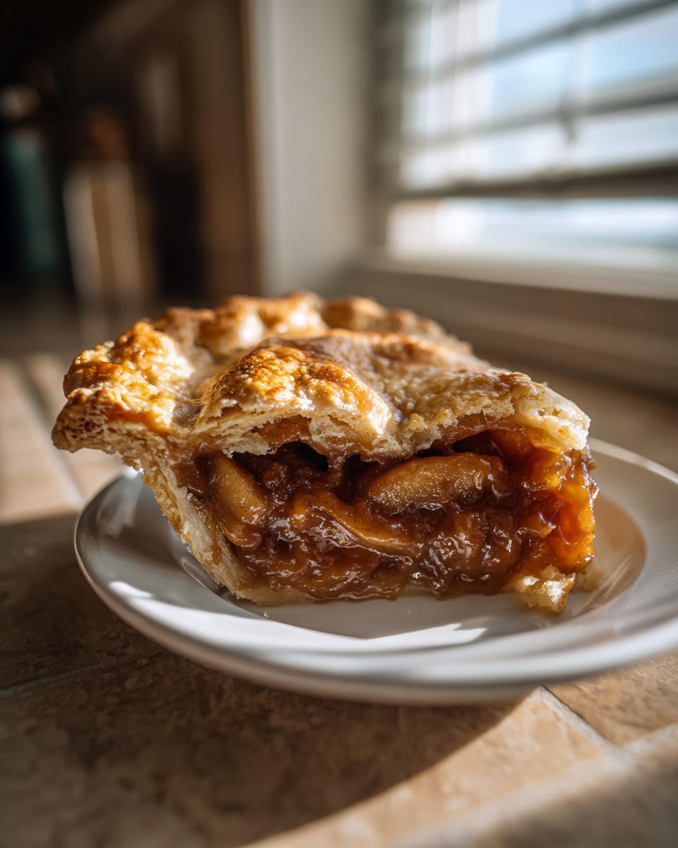 A close-up of a thick slice of miso caramel apple pie showing gooey filling and golden crust.