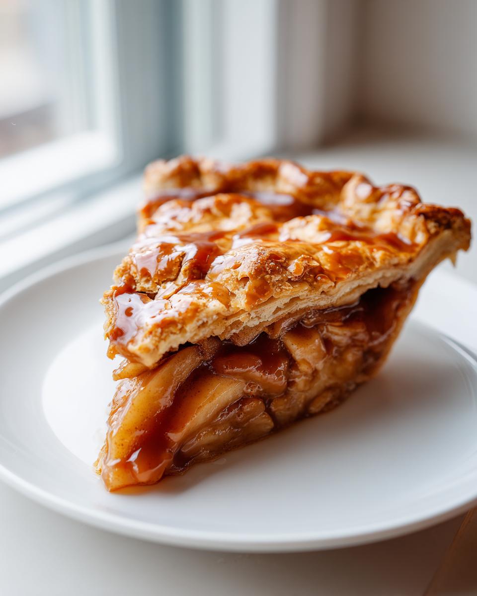 A close-up of a thick slice of miso caramel apple pie showing layers of fruit and a glossy, flaky top crust.