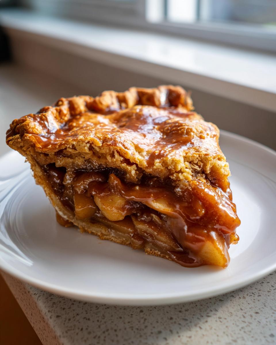 A thick slice of miso caramel apple pie showing layers of fruit filling and a glossy, golden crust.