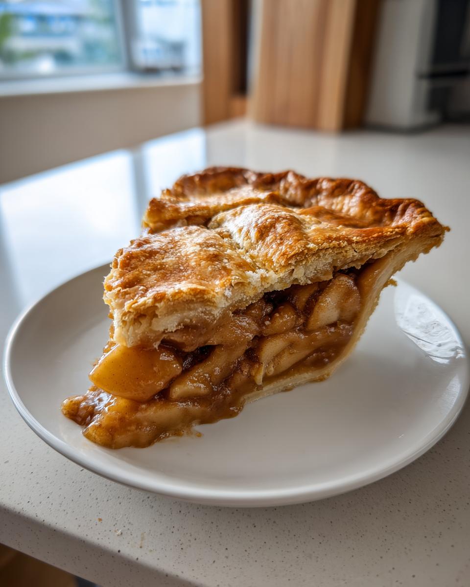 A generous slice of miso caramel apple pie showing thick apple filling and a golden, flaky top crust, served on a white plate.