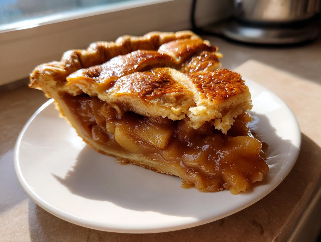 A close-up of a slice of miso caramel apple pie with a golden lattice crust, sitting on a white plate in bright sunlight.