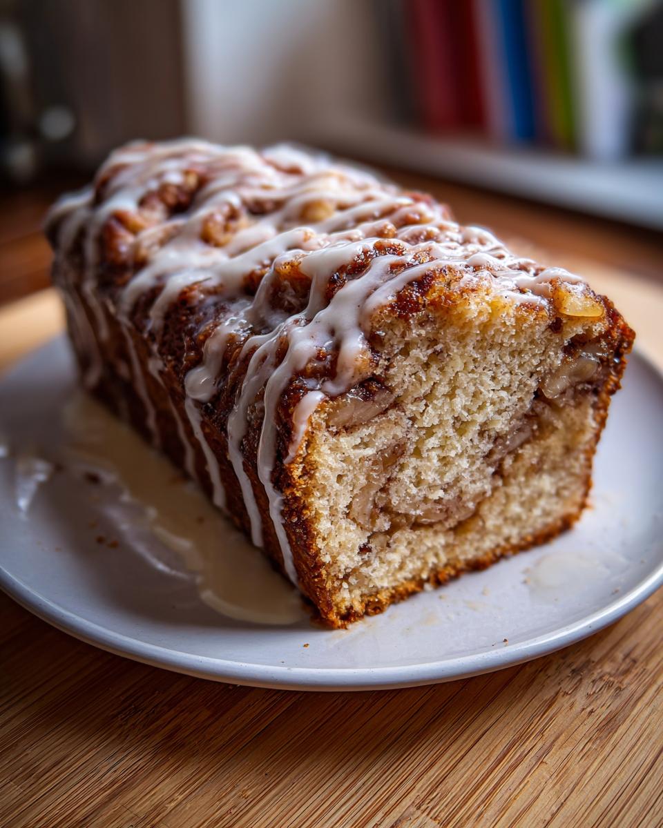 A slice of moist apple bread loaf topped with cinnamon swirl and drizzled with white icing.