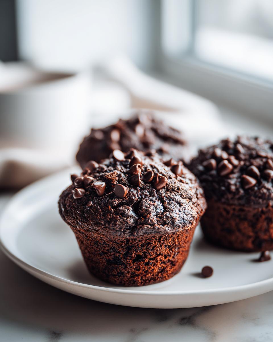 Close-up of rich, moist chocolate muffins generously topped with chocolate chips on a white plate.