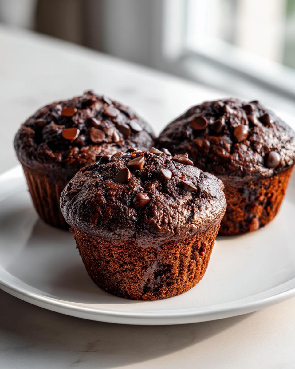Three rich, dark chocolate muffins topped with chocolate chips sitting on a white plate.