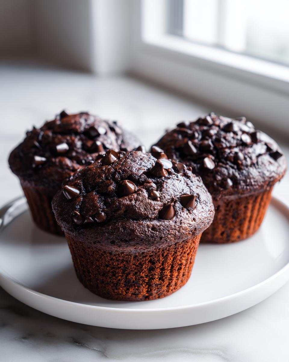 Three rich, dark chocolate muffins generously topped with chocolate chips, served on a white plate.