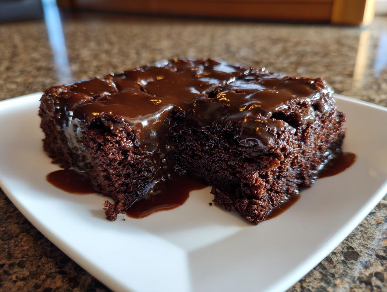 A rich, dark slice of Dr Pepper cake generously topped with a glossy chocolate glaze, served on a white plate.