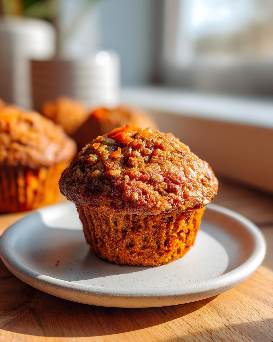 A single, perfectly baked morning glory muffin sitting on a small, light-colored plate, highlighted by natural sunlight.