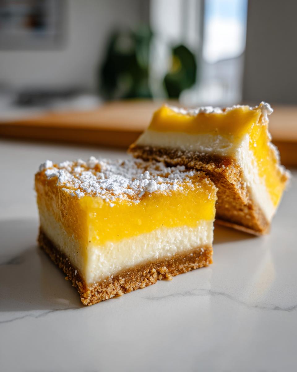 Two squares of no-bake lemon bars showing distinct layers of crust, white filling, and bright yellow lemon topping, dusted with powdered sugar.