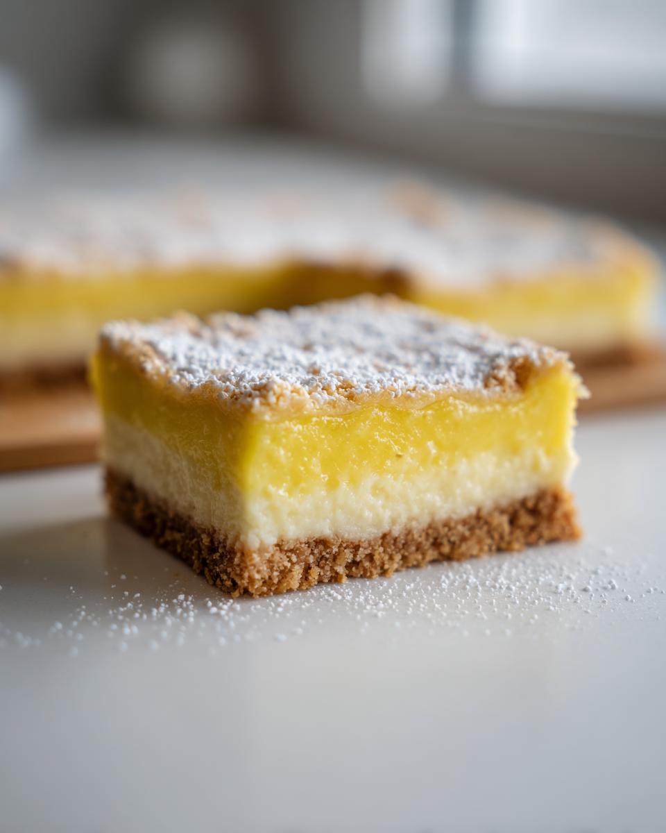 A single square of rich no-bake lemon bars featuring a graham cracker crust, creamy white layer, and bright yellow lemon topping dusted with powdered sugar.