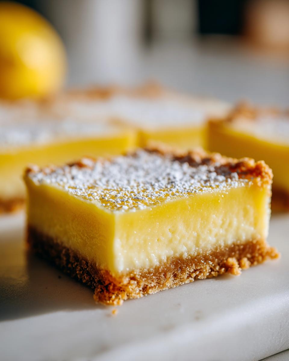A close-up of a single square of no-bake lemon bars showing the thick, creamy yellow filling and graham cracker crust, dusted with powdered sugar.