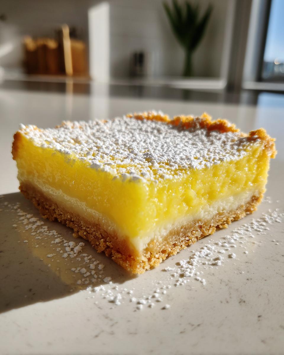 Close-up of a single square slice of bright yellow no-bake lemon bars dusted with powdered sugar.