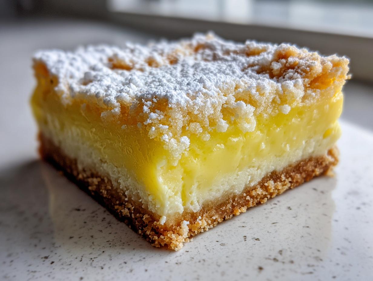 A close-up, cross-section view of a single serving of no-bake lemon bars, showing a graham cracker crust, creamy filling, and powdered sugar topping.