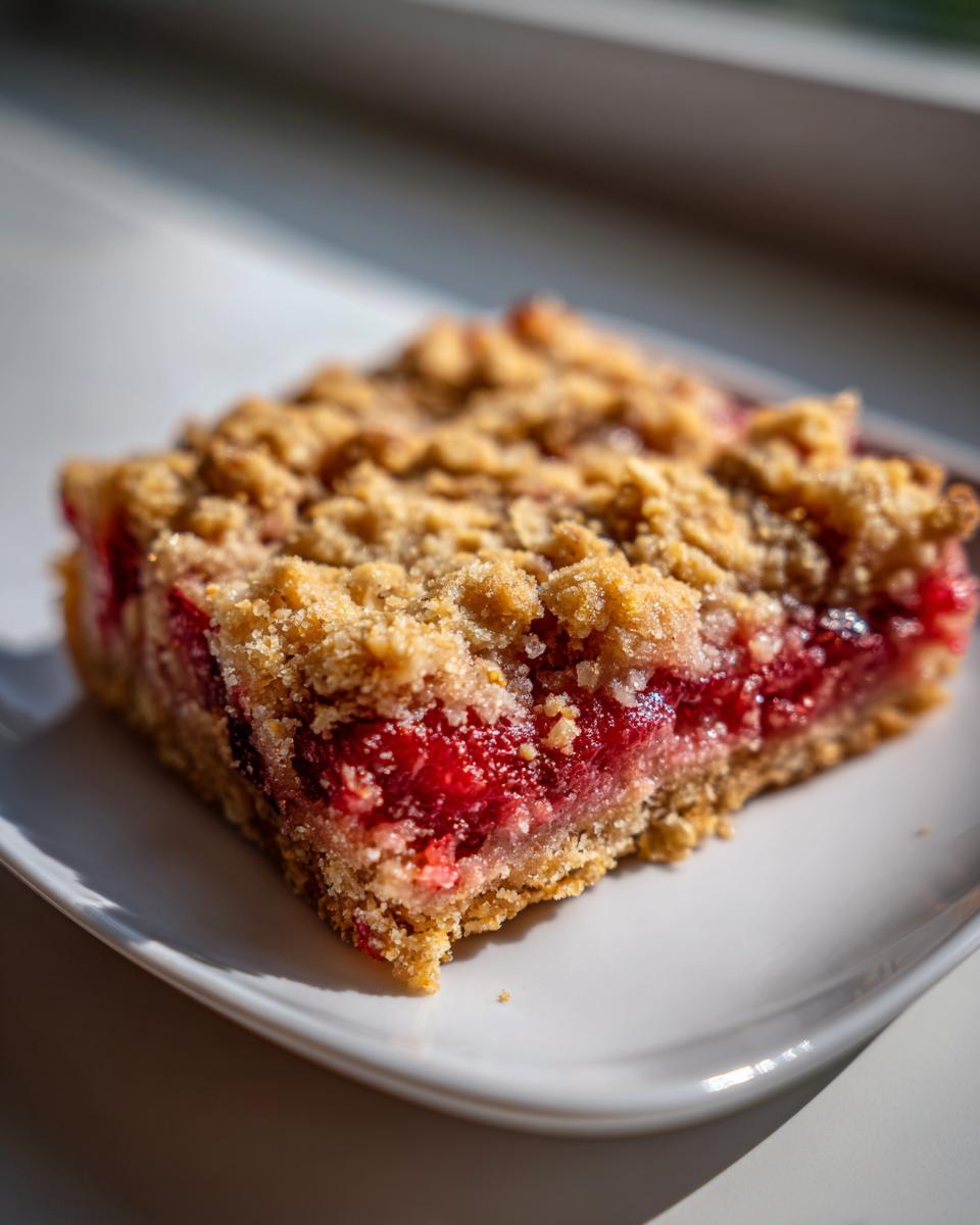 Close-up of a square slice of Old-Fashioned Rhubarb Crunch showing bright red filling and golden crumble topping.