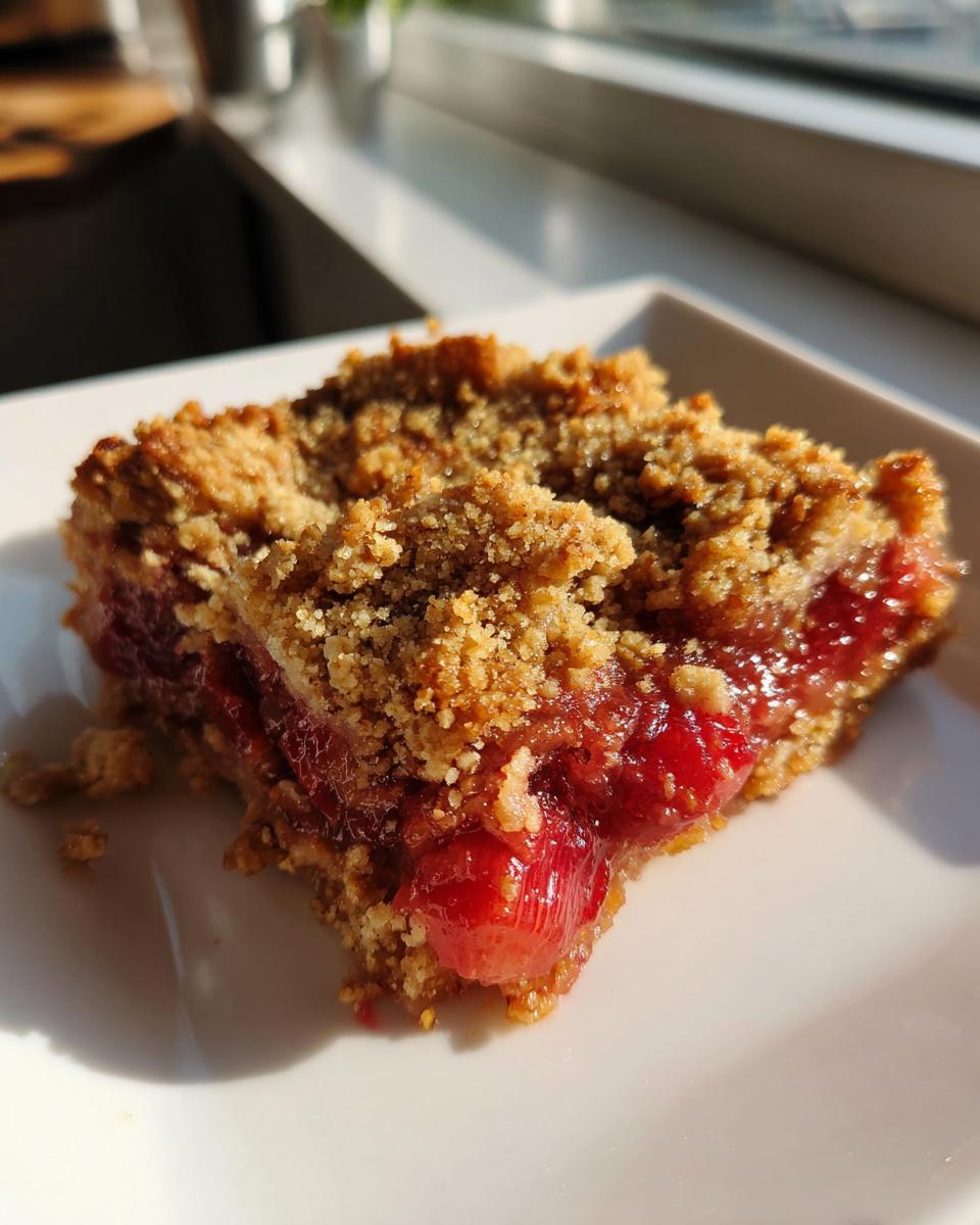 Close-up of a square slice of Old-Fashioned Rhubarb Crunch showing the bright red, gooey filling and thick, golden crumb topping.